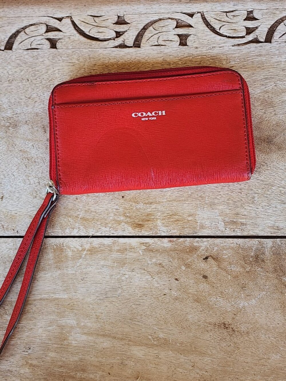 Coach Cross Grain Leather Corner Zip Wristlet Wallet in Red